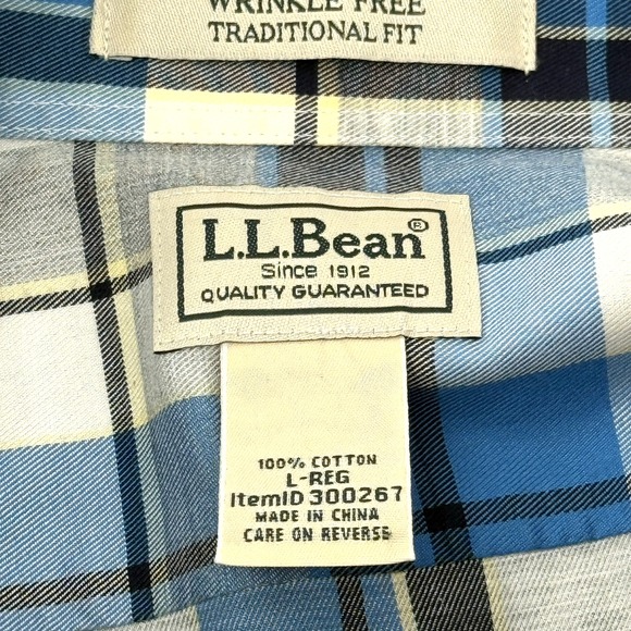 L.L. Bean Mens L Wrinkle Free Traditional Fit Button Dn Shirt Blue Plaid Classic - Picture 4 of 8